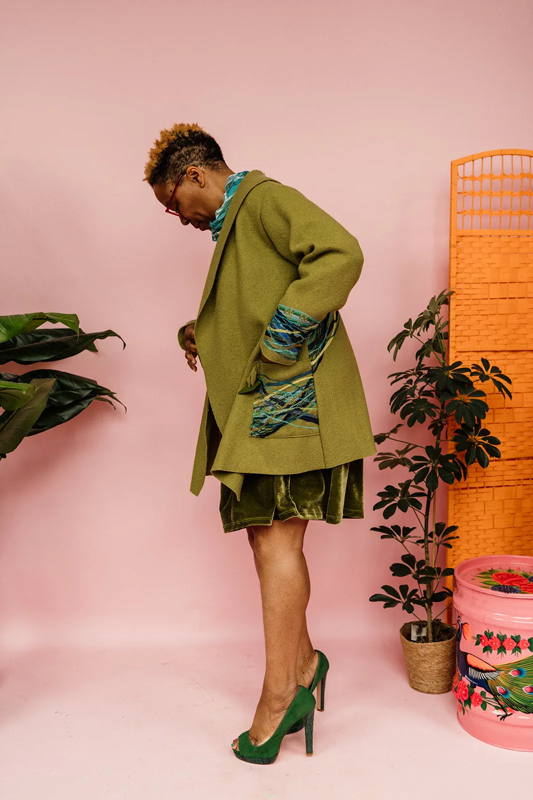 Embellished Short Wool Coat in Olive Green
