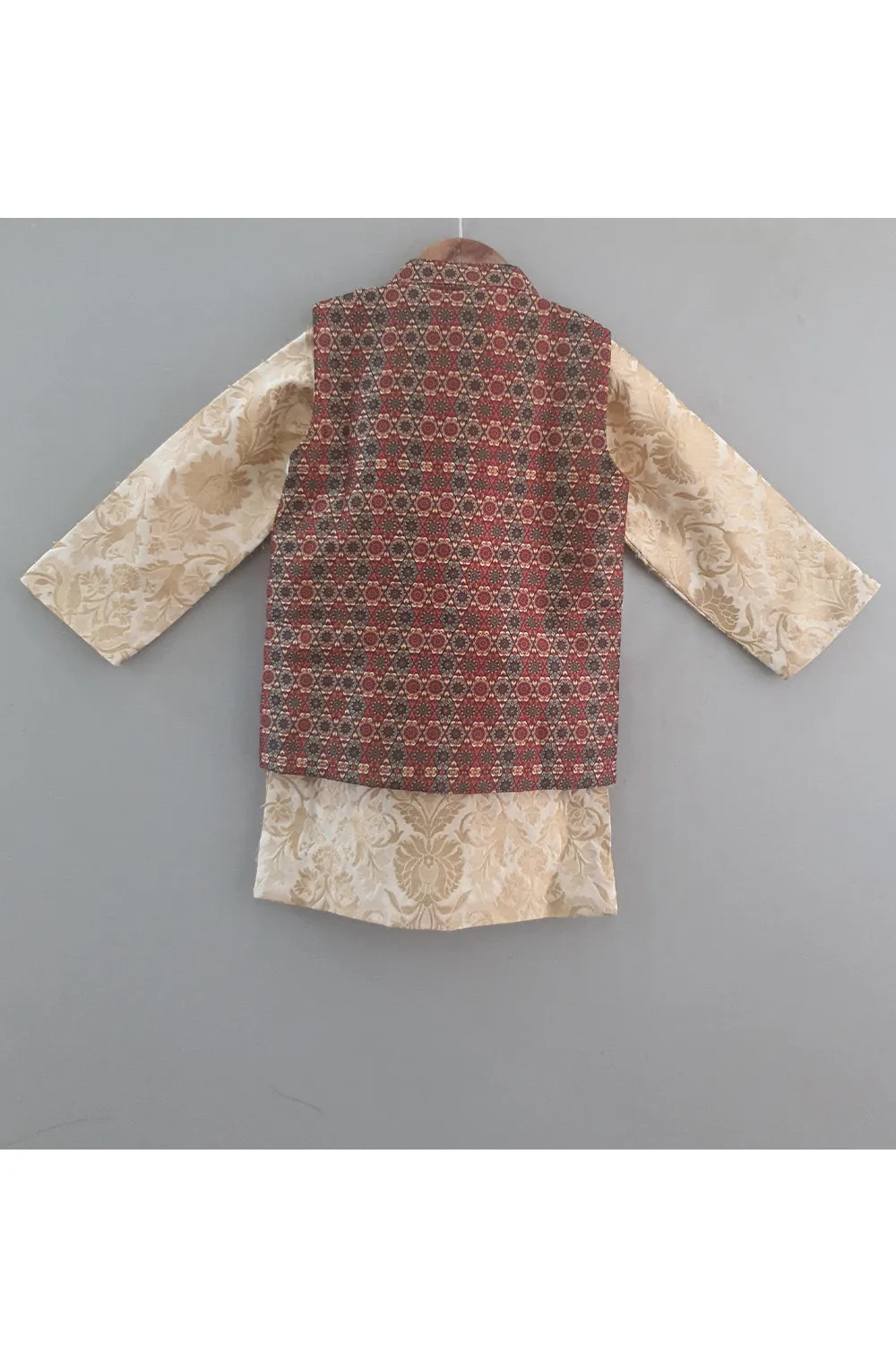 Embroidered banarsi kurta with printed jacket and chudidar