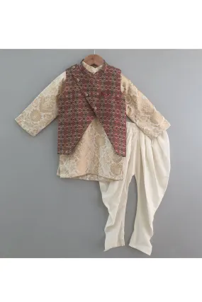 Embroidered banarsi kurta with printed jacket and chudidar