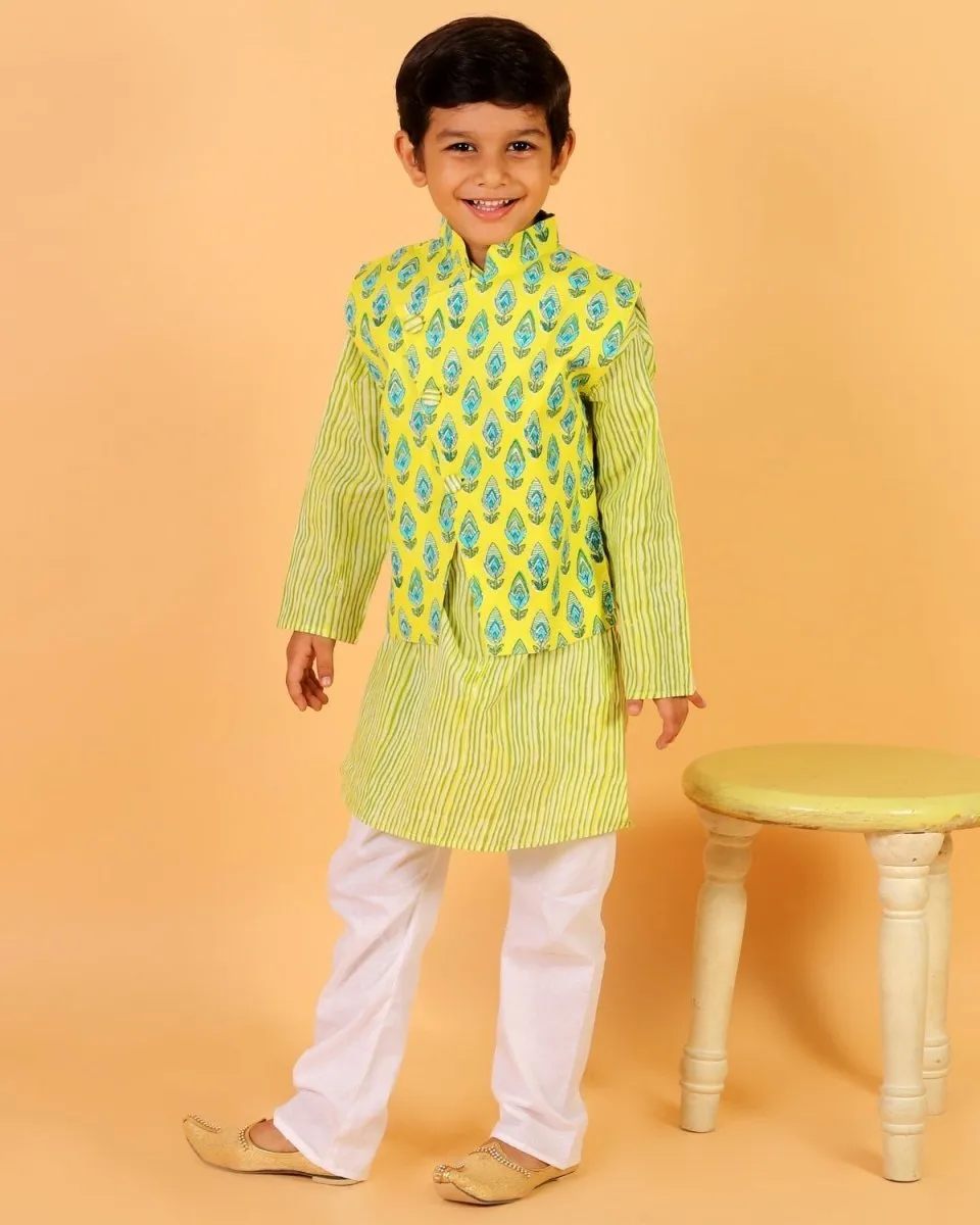 Empire Yellow Block Print Jacket and Kurta Pajama Set