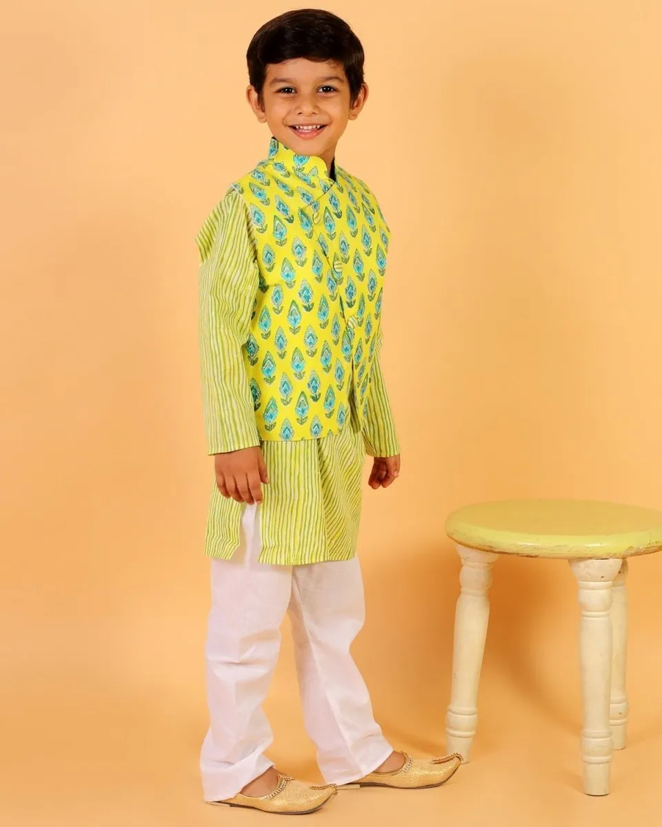 Empire Yellow Block Print Jacket and Kurta Pajama Set