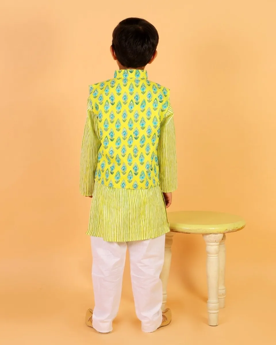 Empire Yellow Block Print Jacket and Kurta Pajama Set