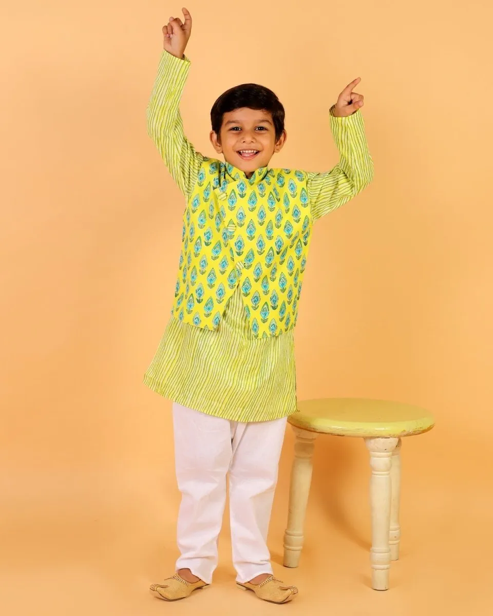 Empire Yellow Block Print Jacket and Kurta Pajama Set