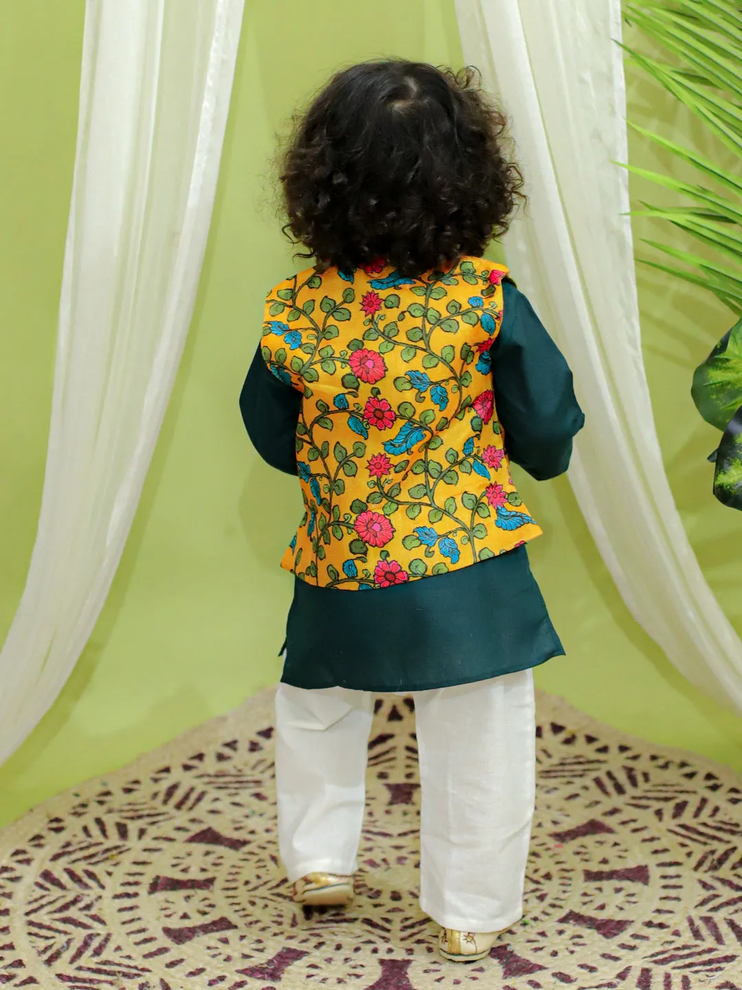 Ethnic Festive Kalamkari Print Jacket with Kurta Pajama for Boys- Yellow