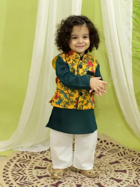 Ethnic Festive Kalamkari Print Jacket with Kurta Pajama for Boys- Yellow