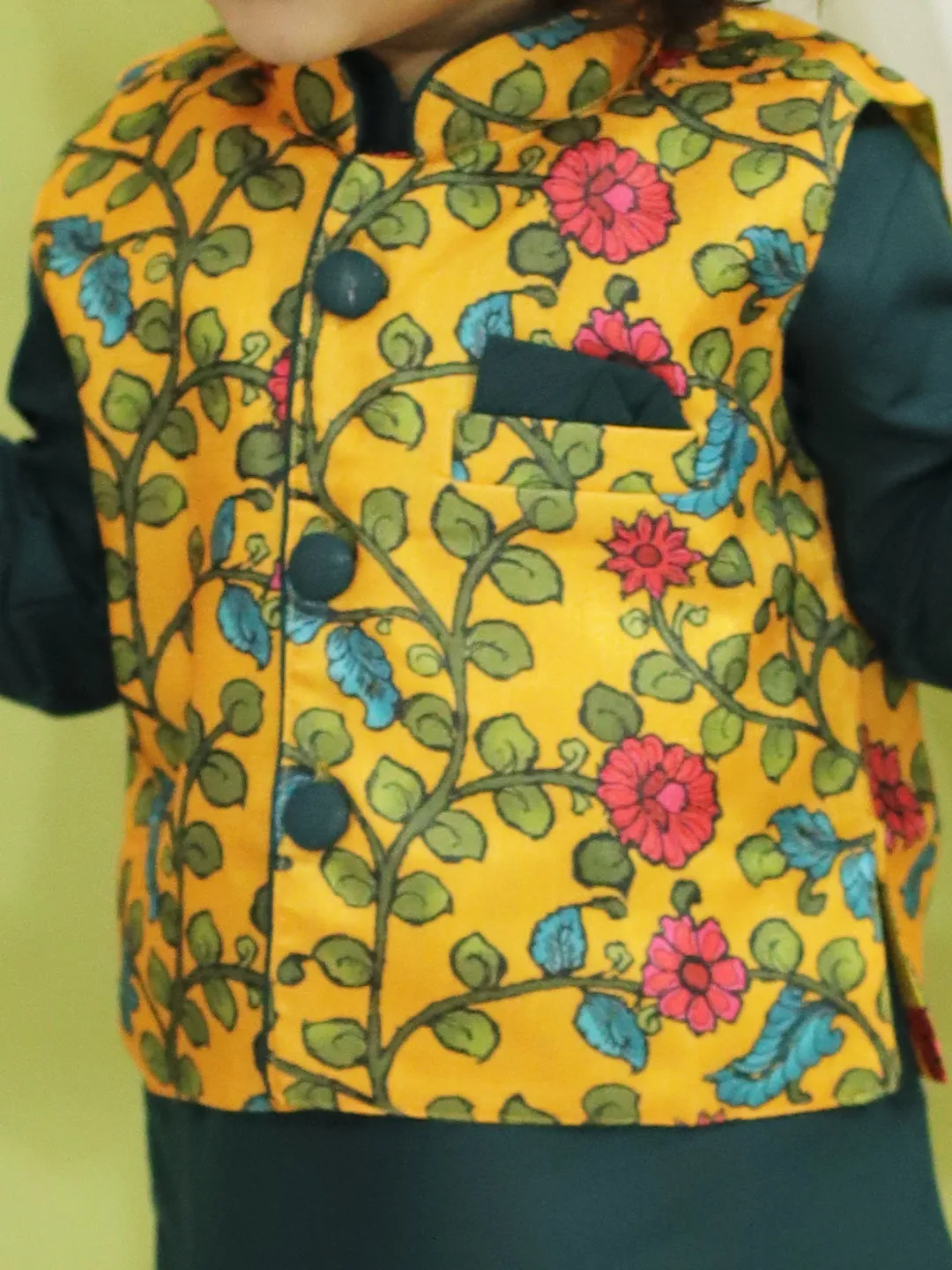 Ethnic Festive Kalamkari Print Jacket with Kurta Pajama for Boys- Yellow