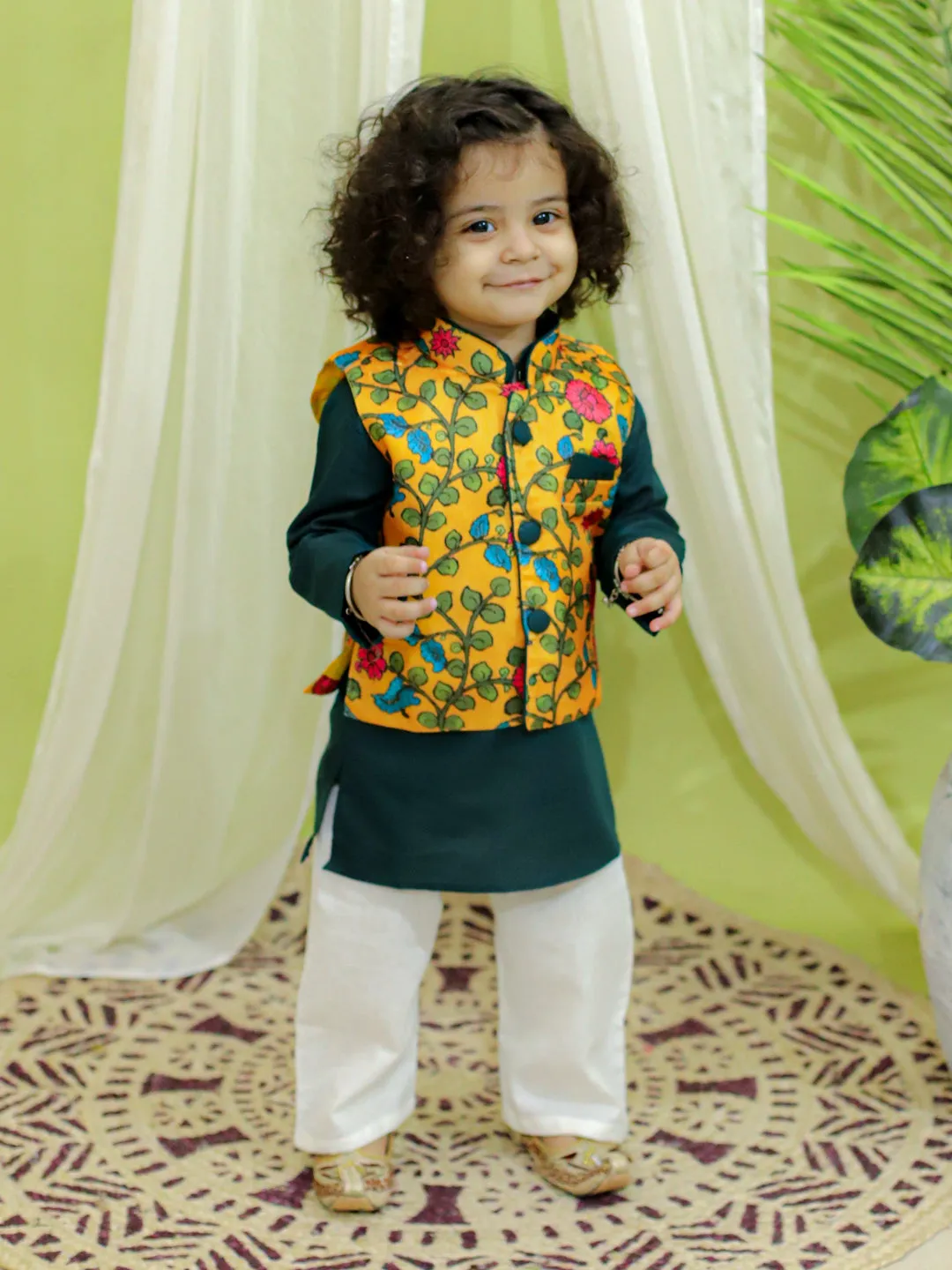 Ethnic Festive Kalamkari Print Jacket with Kurta Pajama for Boys- Yellow