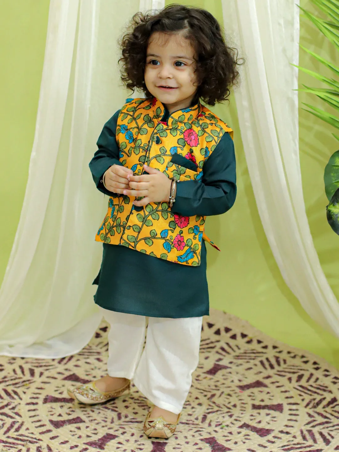 Ethnic Festive Kalamkari Print Jacket with Kurta Pajama for Boys- Yellow