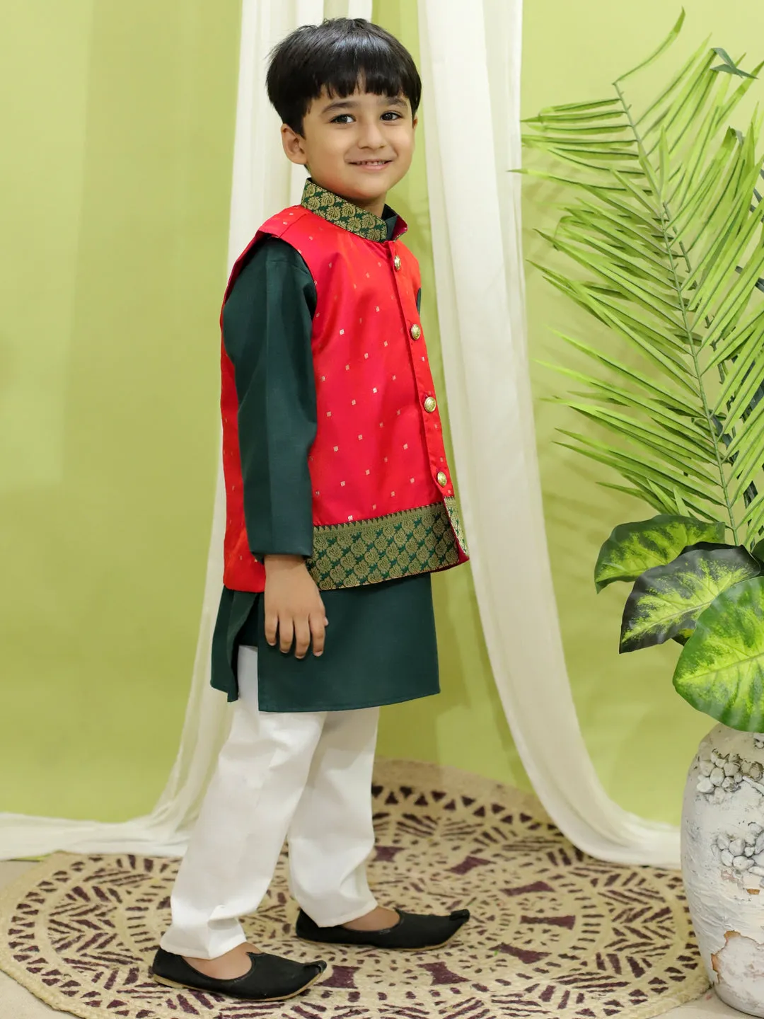 Ethnic Festive Wear Silk Jacket with Cotton Kurta Pajama for Boys- Pink