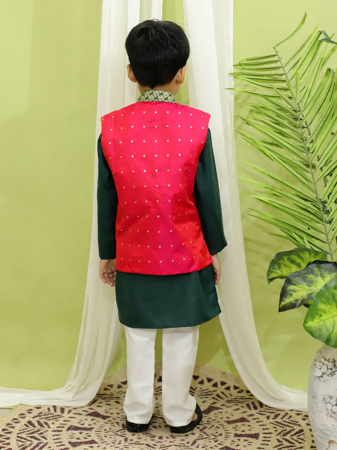 Ethnic Festive Wear Silk Jacket with Cotton Kurta Pajama for Boys- Pink