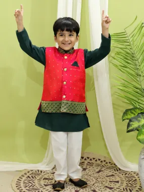 Ethnic Festive Wear Silk Jacket with Cotton Kurta Pajama for Boys- Pink