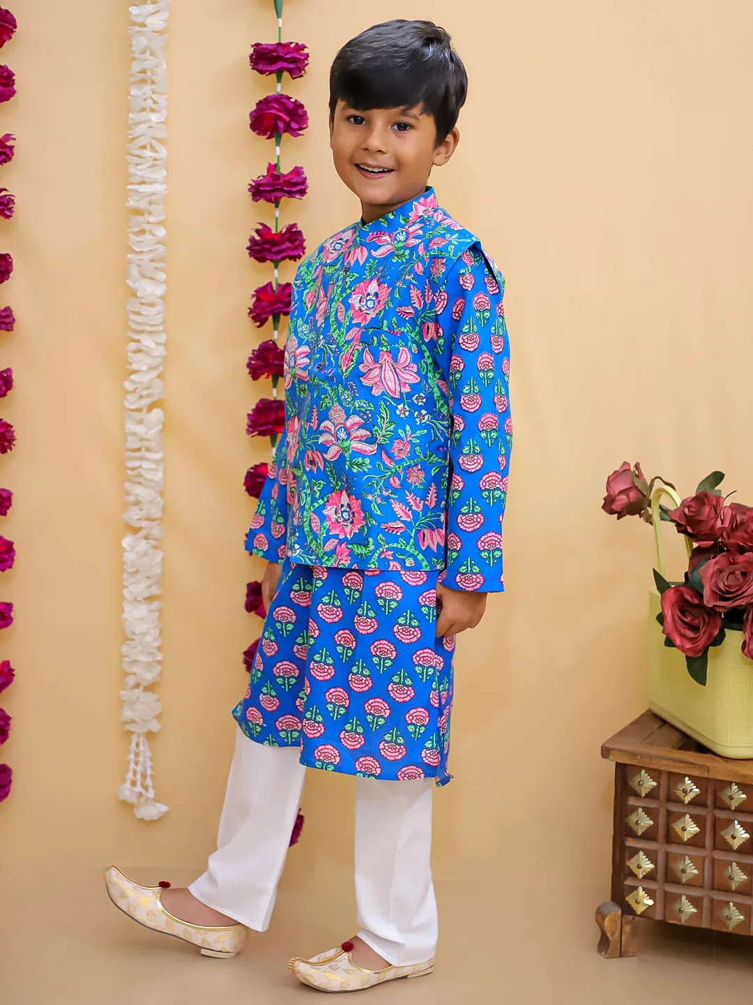 Ethnic Set-Blue Royal Floral Girls Kurta Set with Blue Royale Boys Jacket And Kurta Pajama Set