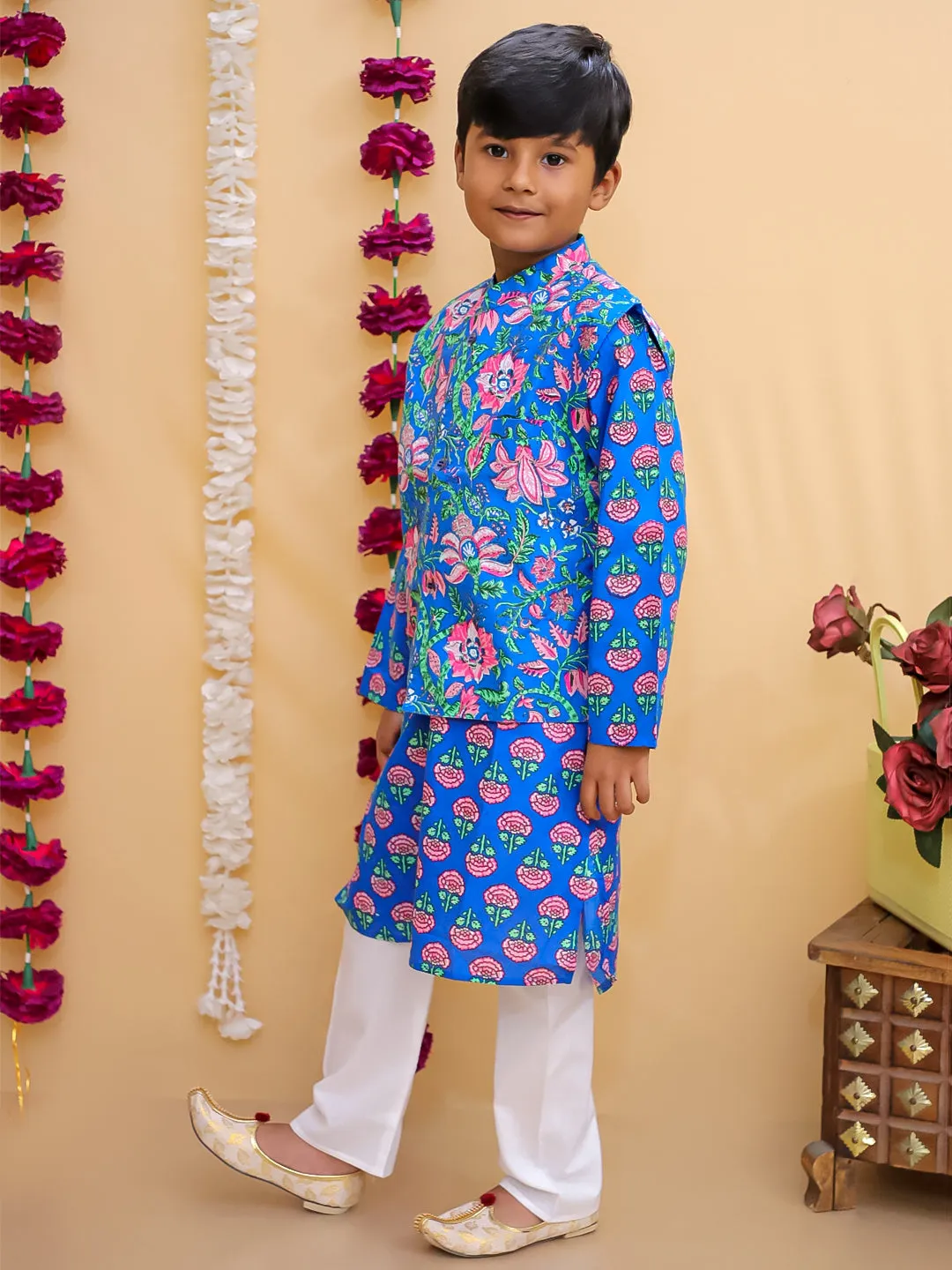 Ethnic Set-Blue Royal Floral Girls Kurta Set with Blue Royale Boys Jacket And Kurta Pajama Set