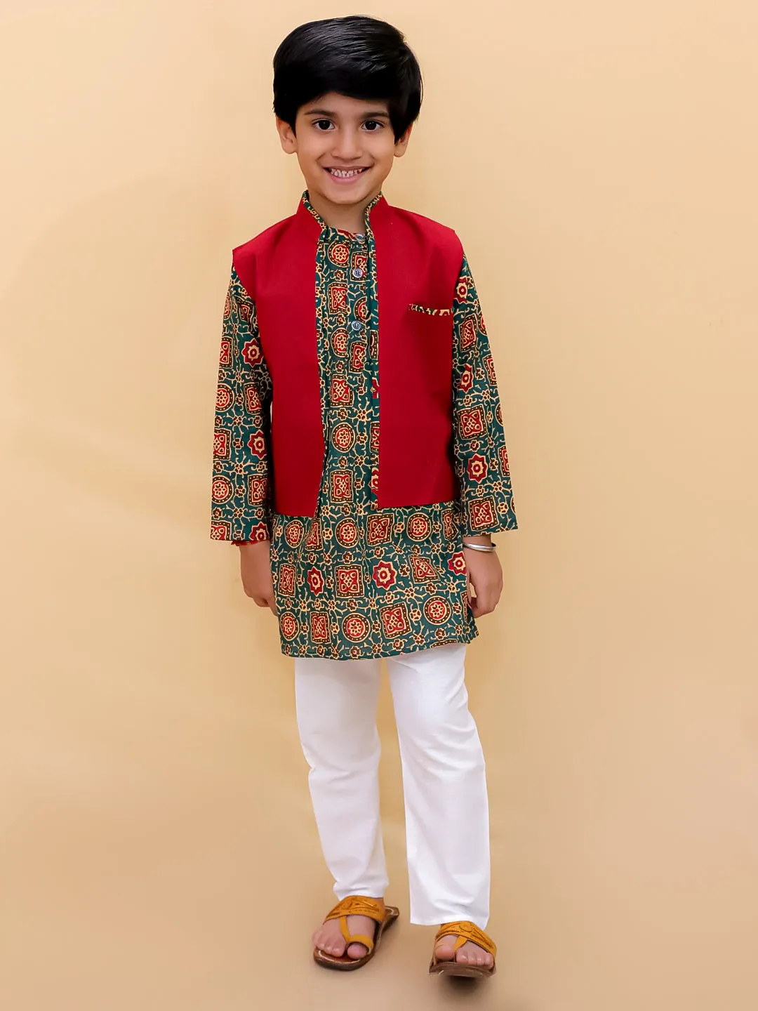 Ethnic Set-Emerald Essence Girls Anarkali Sharara Set with Boys Jacket And Kurta Pajama Set