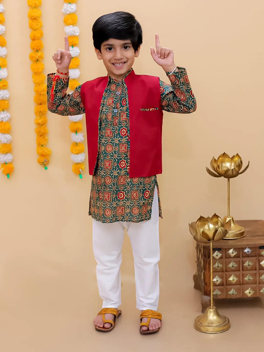 Ethnic Set-Emerald Essence Girls Anarkali Sharara Set with Boys Jacket And Kurta Pajama Set