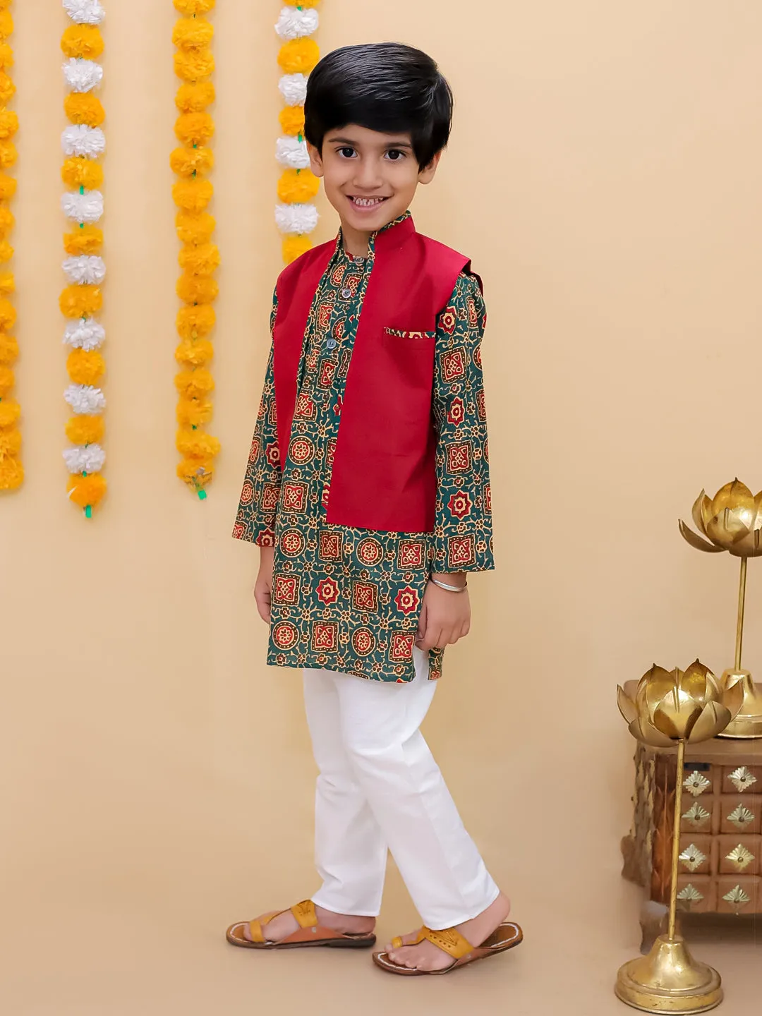 Ethnic Set-Emerald Essence Girls Anarkali Sharara Set with Boys Jacket And Kurta Pajama Set
