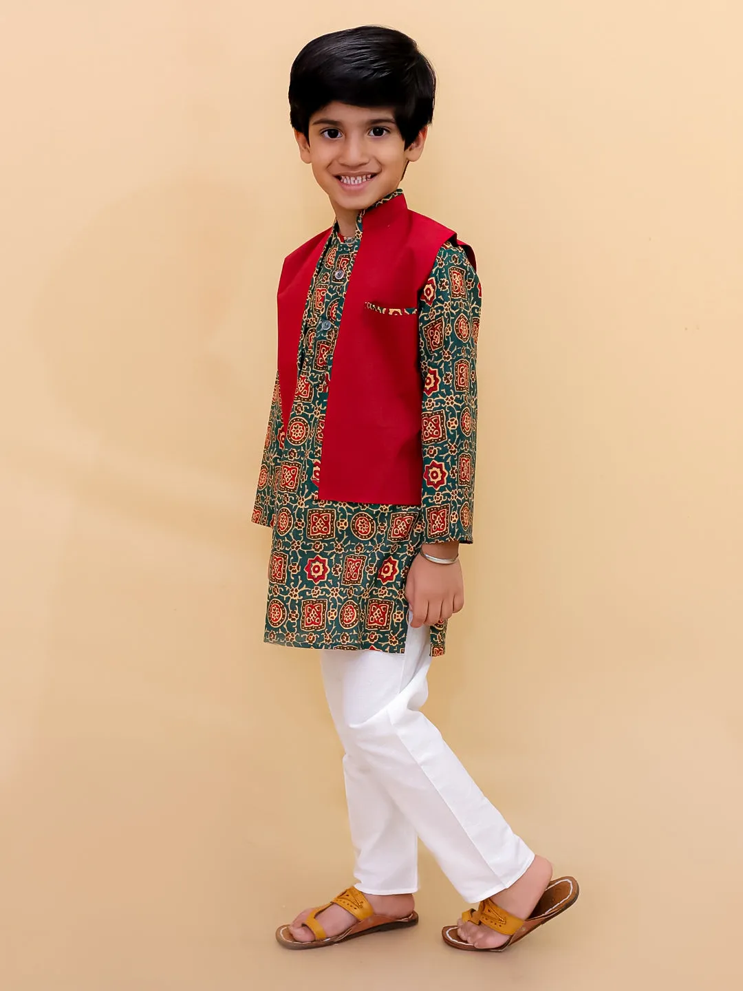 Ethnic Set-Emerald Essence Girls Anarkali Sharara Set with Boys Jacket And Kurta Pajama Set