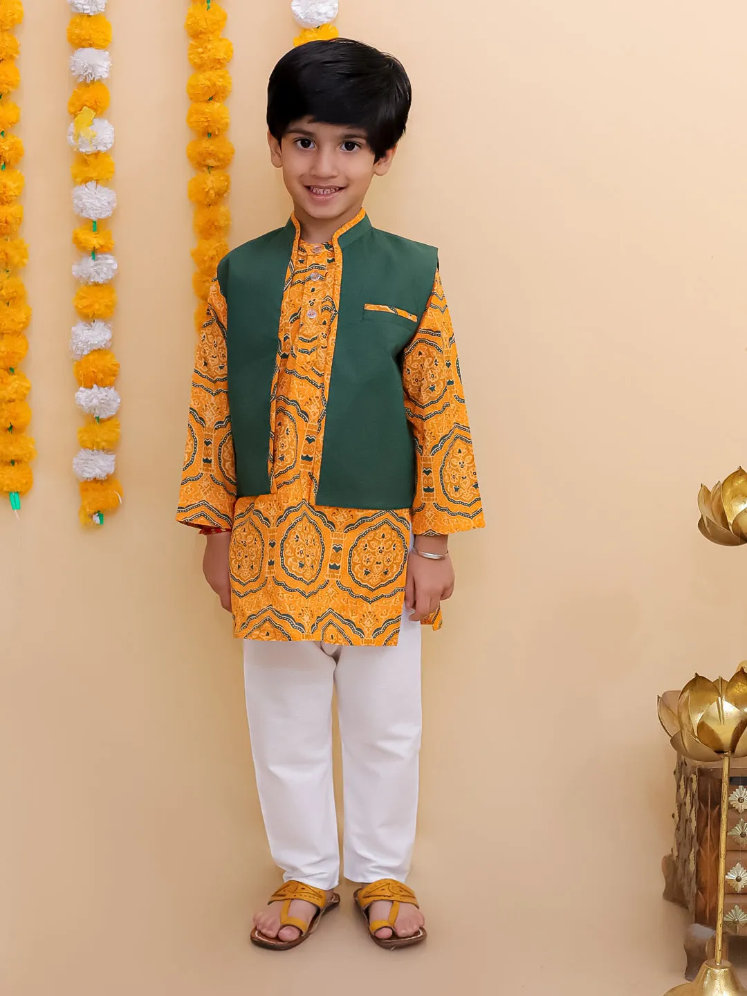 Ethnic Set-Marigold Mosaic Girls Anarkali Sharara Set with Boys Jacket And Kurta Pajama Set