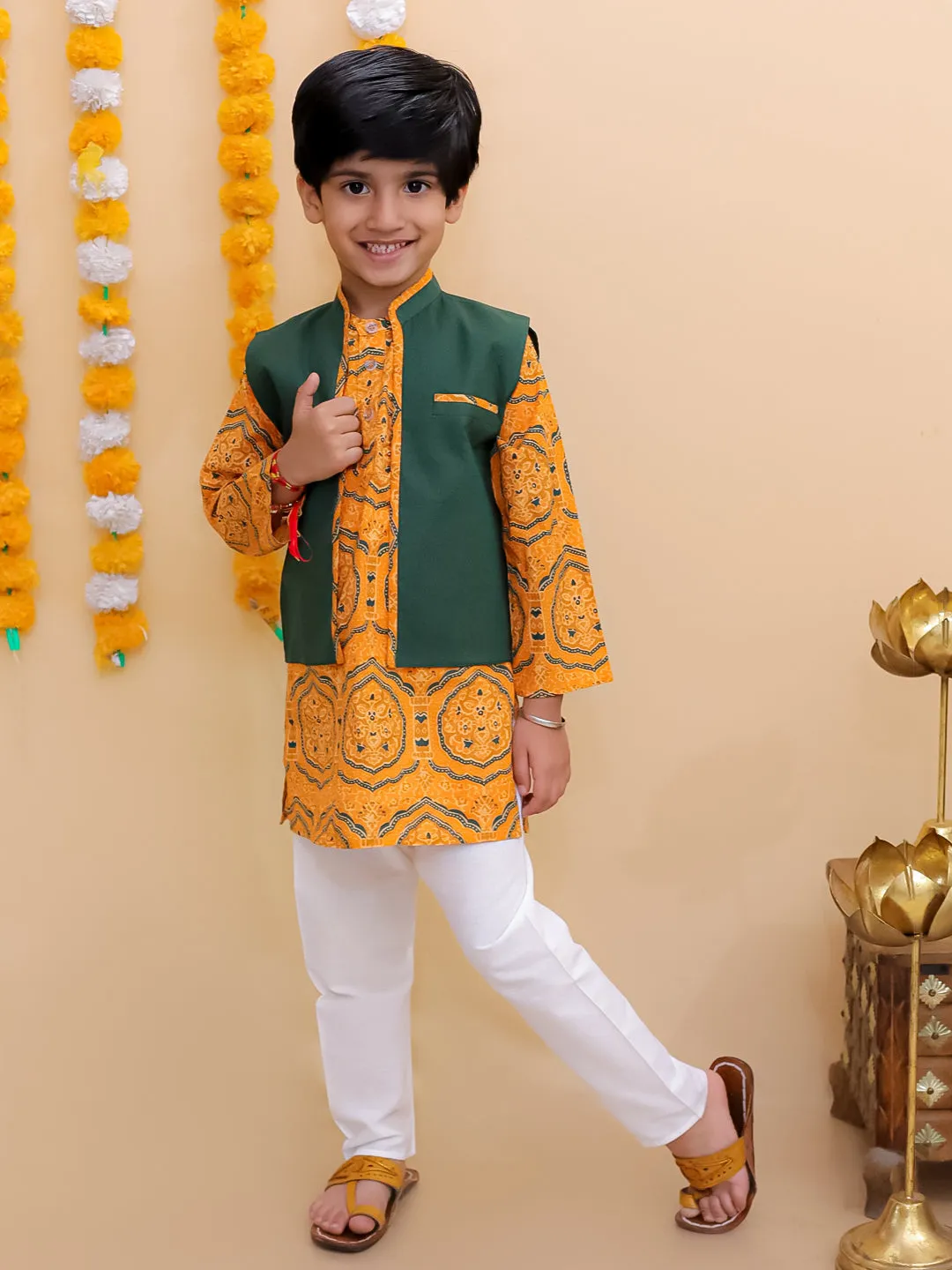 Ethnic Set-Marigold Mosaic Girls Anarkali Sharara Set with Boys Jacket And Kurta Pajama Set