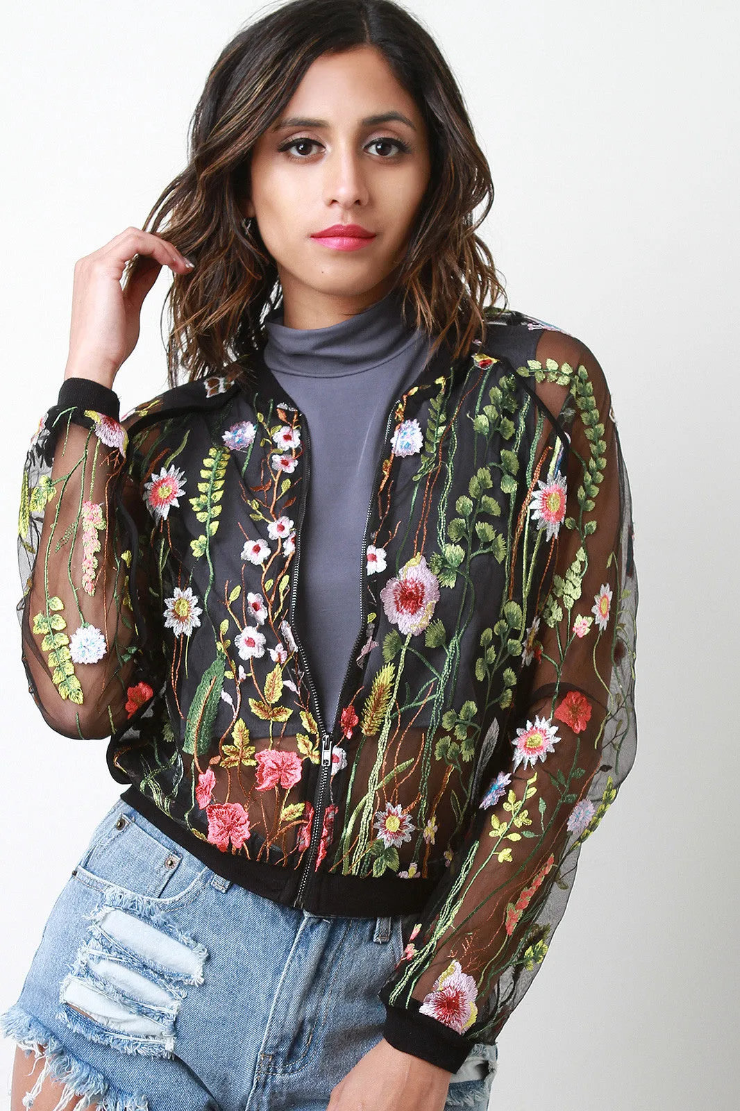 Floral Embroidery Mesh Bomber Jacket