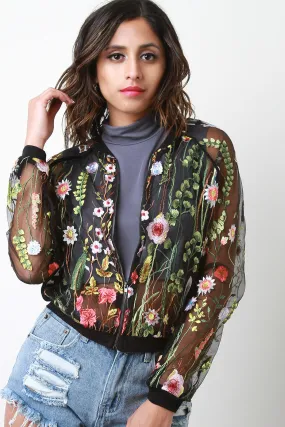 Floral Embroidery Mesh Bomber Jacket