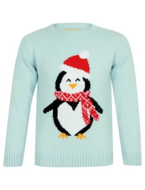 Girls Xmas Penguin Novelty Christmas Jumper in Ballad Blue - Merry Christmas Kids (4-12yrs)