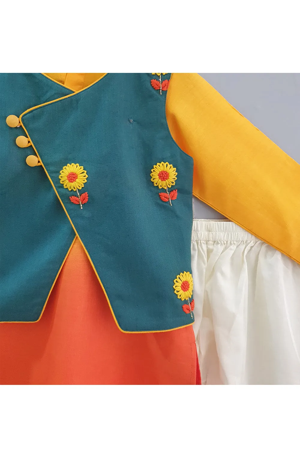 Green embroidered jacket with dual shaded kurta and pyjama