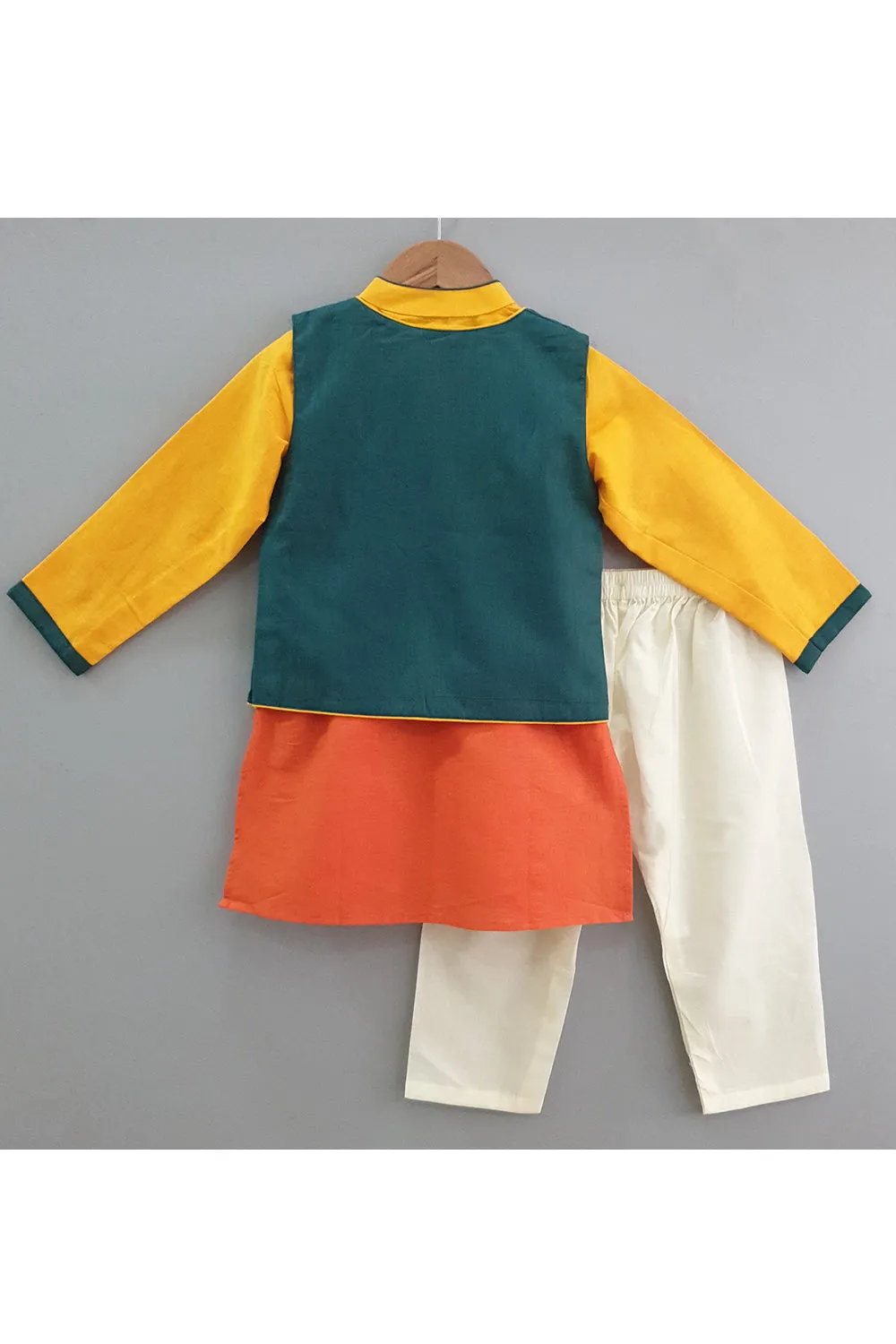 Green embroidered jacket with dual shaded kurta and pyjama