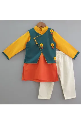 Green embroidered jacket with dual shaded kurta and pyjama