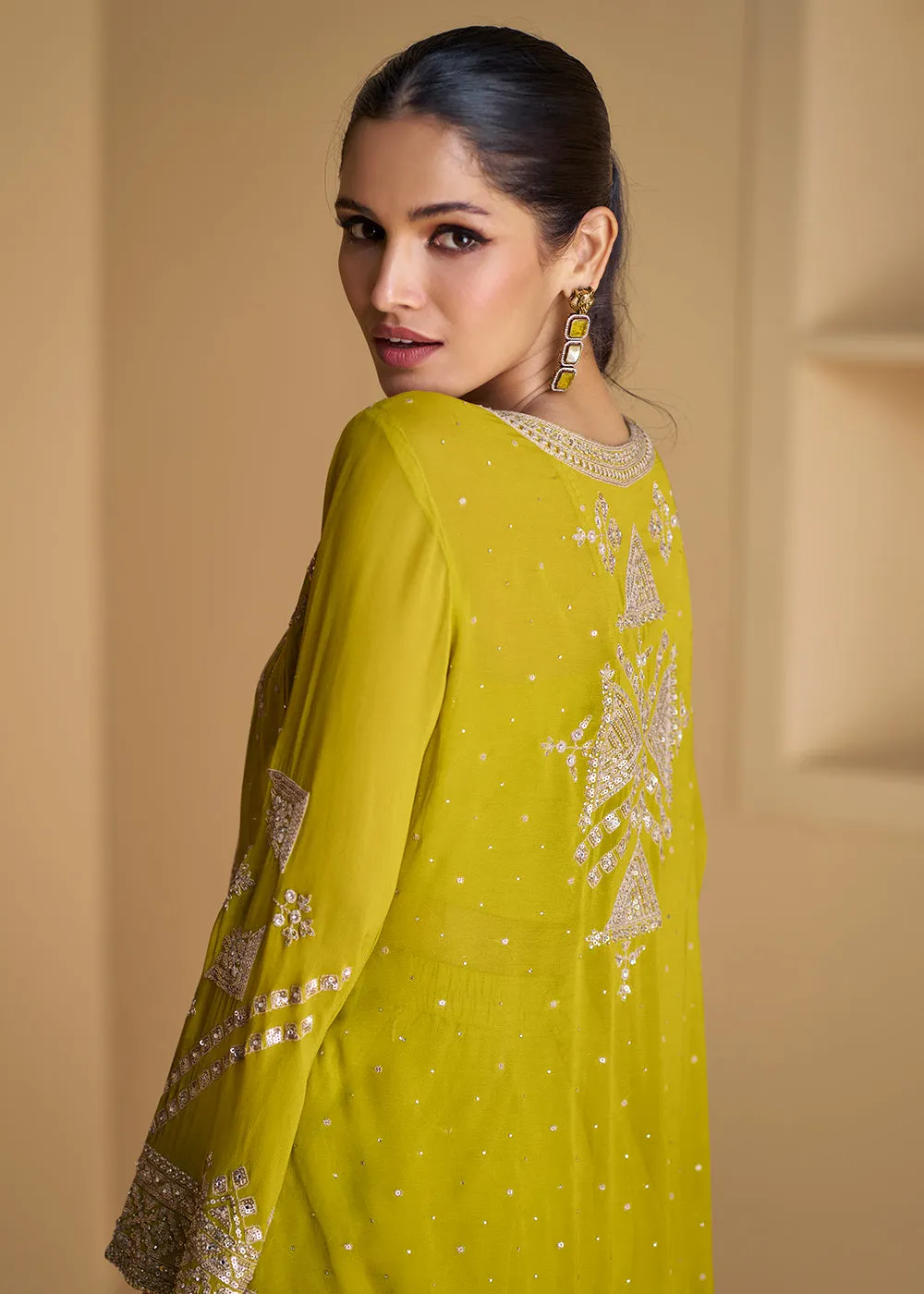 Green Jacket Style Embroidered Indo Western Palazzo Suit