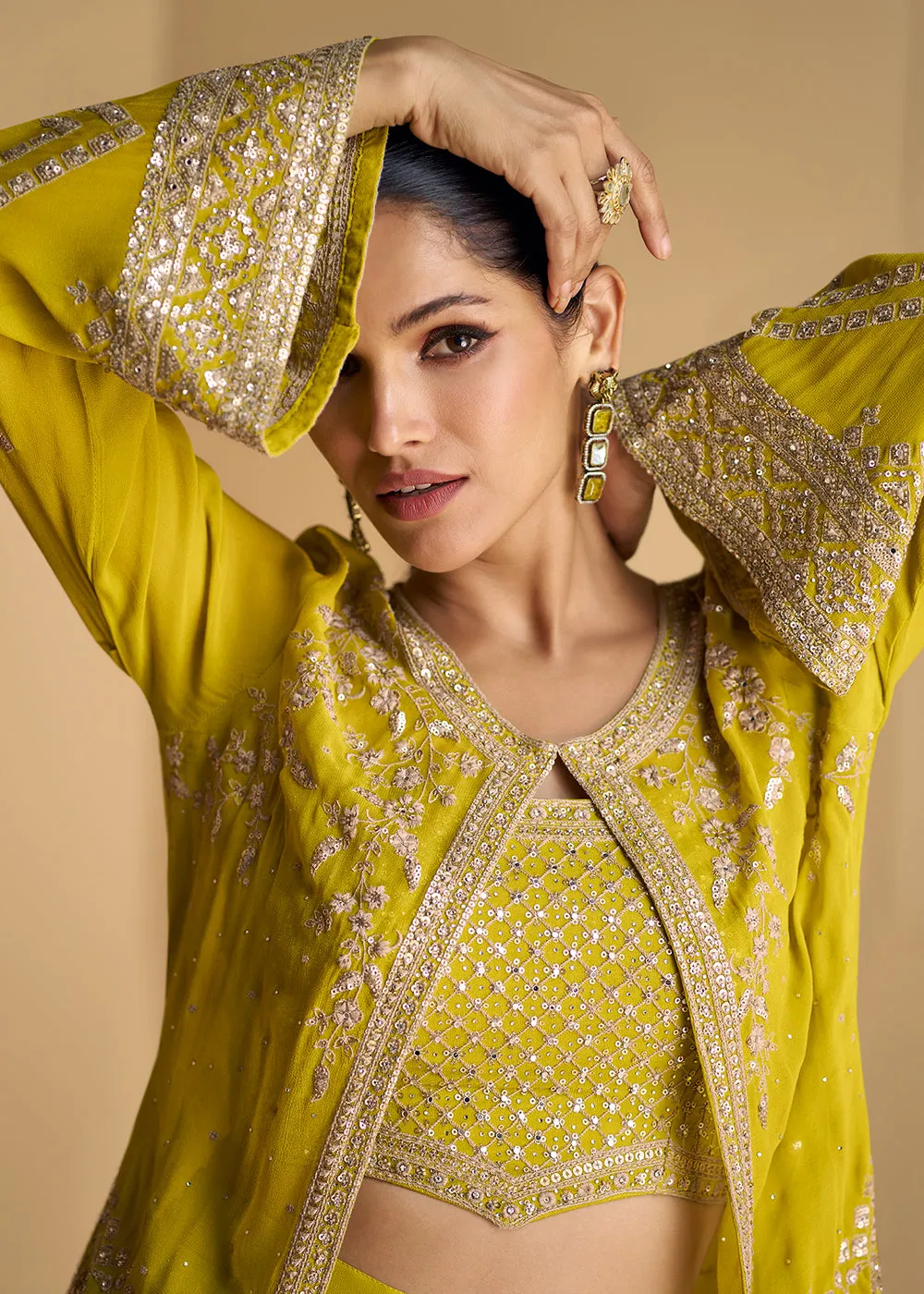 Green Jacket Style Embroidered Indo Western Palazzo Suit