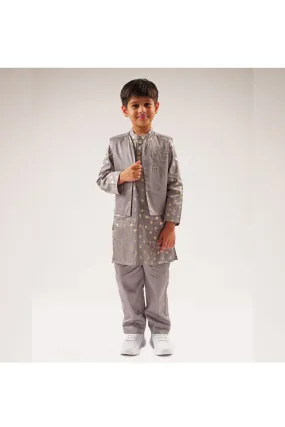 Grey Foil Printed Kurta And Embroidered Jacket With Pyjama Set