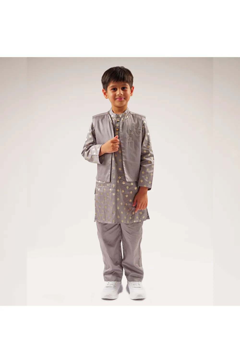 Grey Foil Printed Kurta And Embroidered Jacket With Pyjama Set