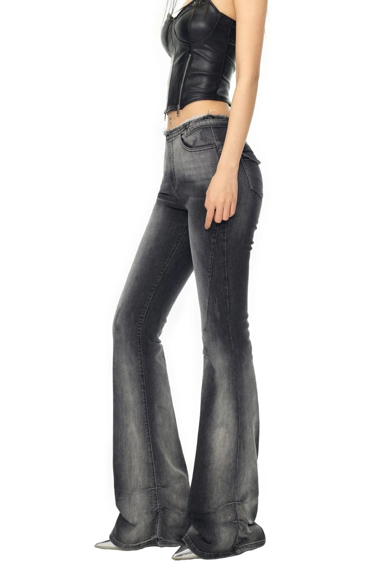 Heavy Duty Washed High Stretch Stacked Leg Jeans Black