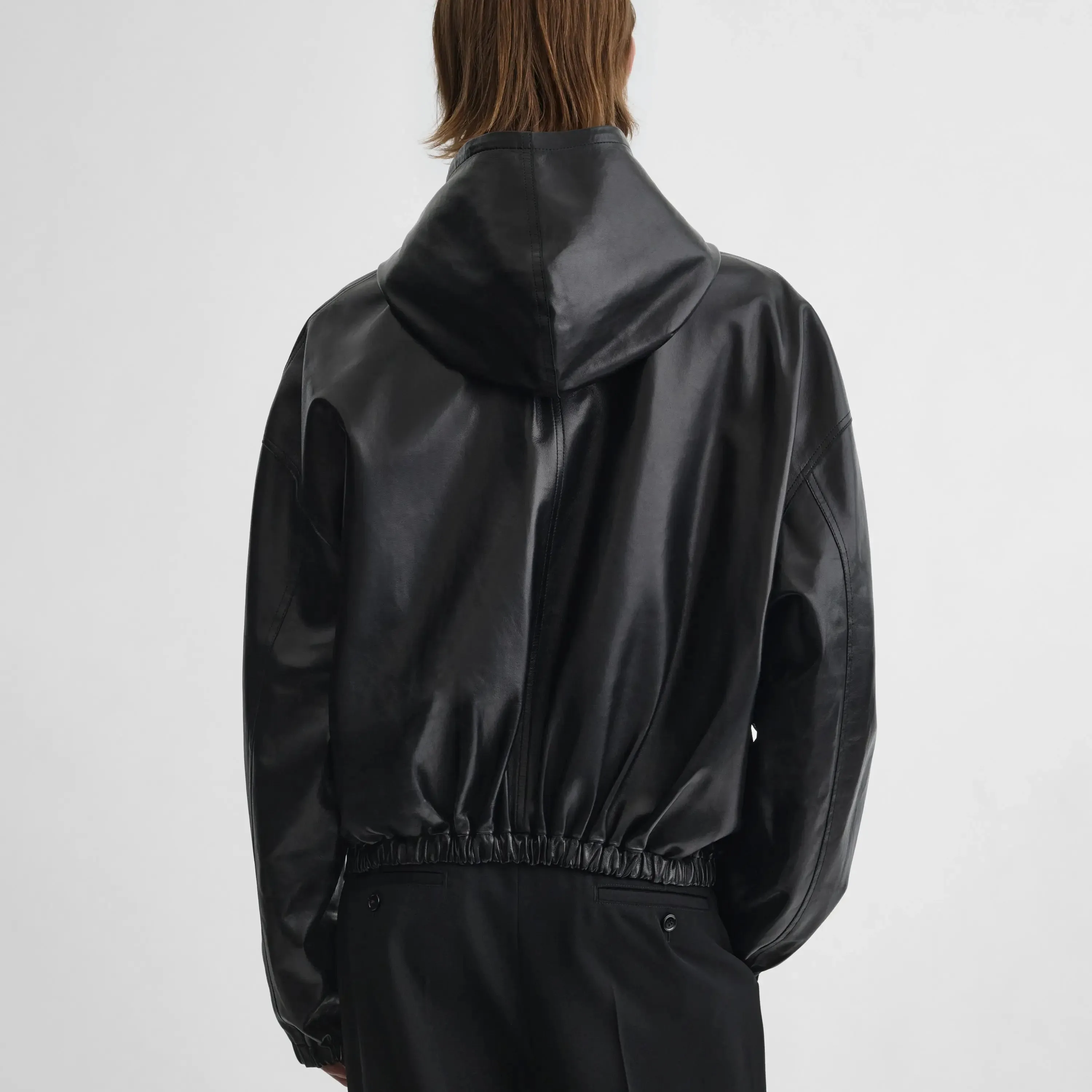 HOODED BOMBER | black leather