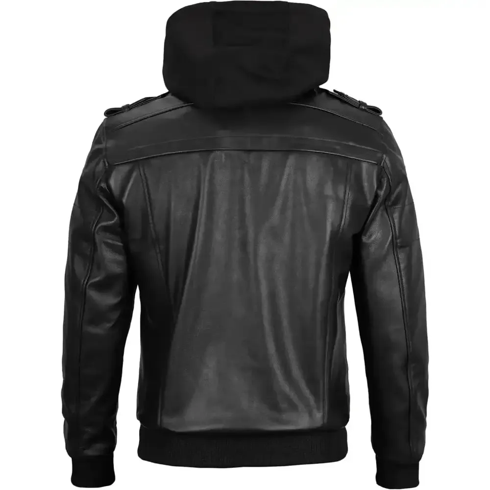 Hooded Genuine Leather Black Bomber Jacket