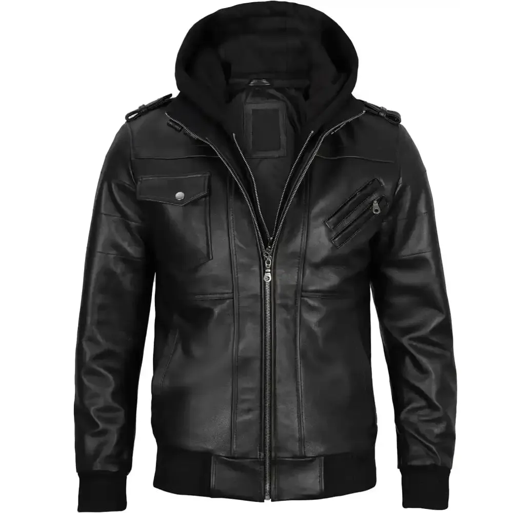 Hooded Genuine Leather Black Bomber Jacket