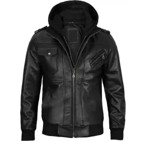 Hooded Genuine Leather Black Bomber Jacket