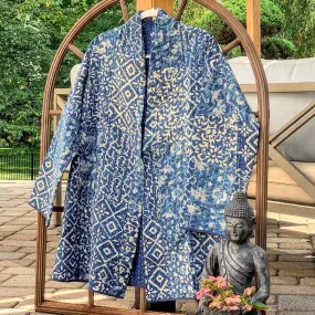 Indigo Patchwork Block Print Quilted Jacket