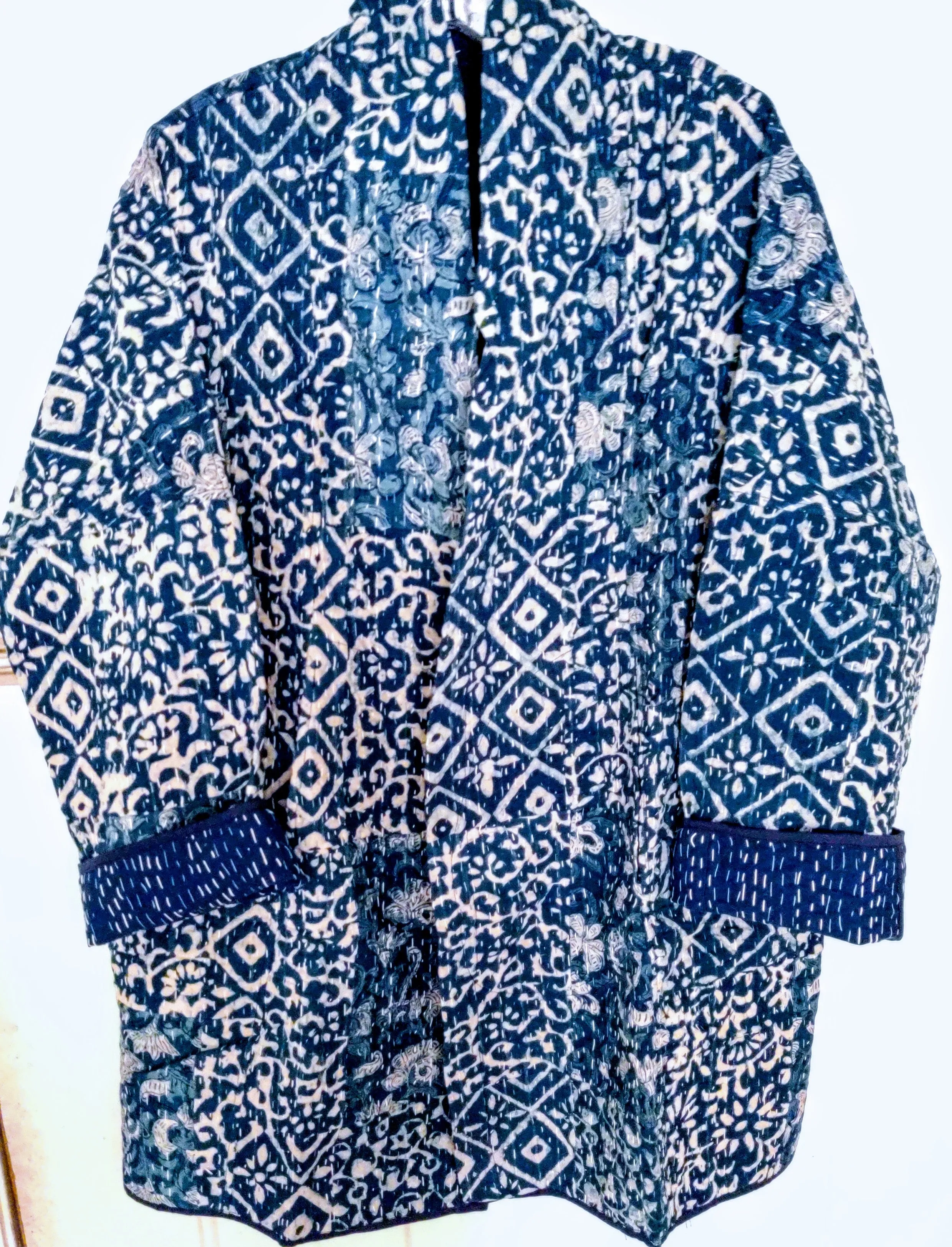 Indigo Patchwork Block Print Quilted Jacket