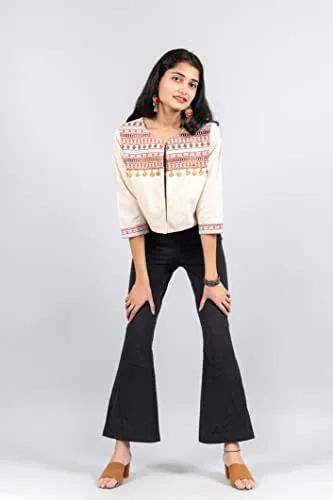 Kaamaha Women's Ethnic Embroidered Work Shrug Jacket Koti JKT 122 (L) White