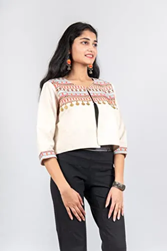 Kaamaha Women's Ethnic Embroidered Work Shrug Jacket Koti JKT 122 (L) White