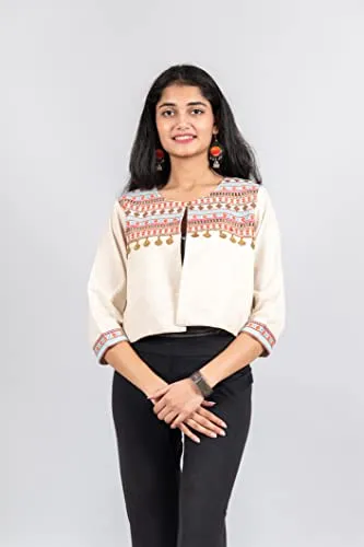 Kaamaha Women's Ethnic Embroidered Work Shrug Jacket Koti JKT 122 (L) White