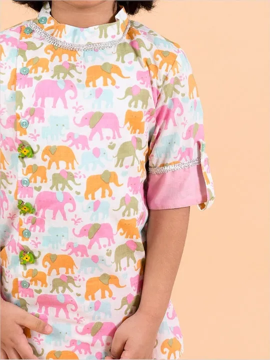 Kids-Boys Pink Floral Printed Pure Cotton Kurta With Trousers And Nehru Jacket