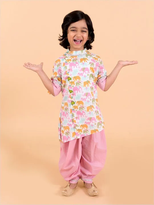 Kids-Boys Pink Floral Printed Pure Cotton Kurta With Trousers And Nehru Jacket