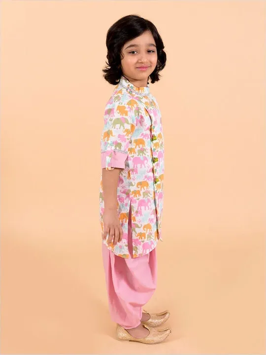 Kids-Boys Pink Floral Printed Pure Cotton Kurta With Trousers And Nehru Jacket