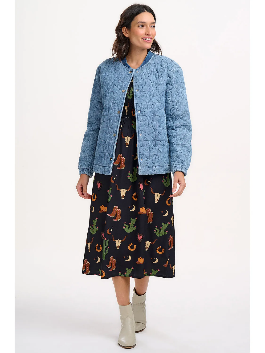 Kinga Lt Blue Denim Quilted Bomber Jacket