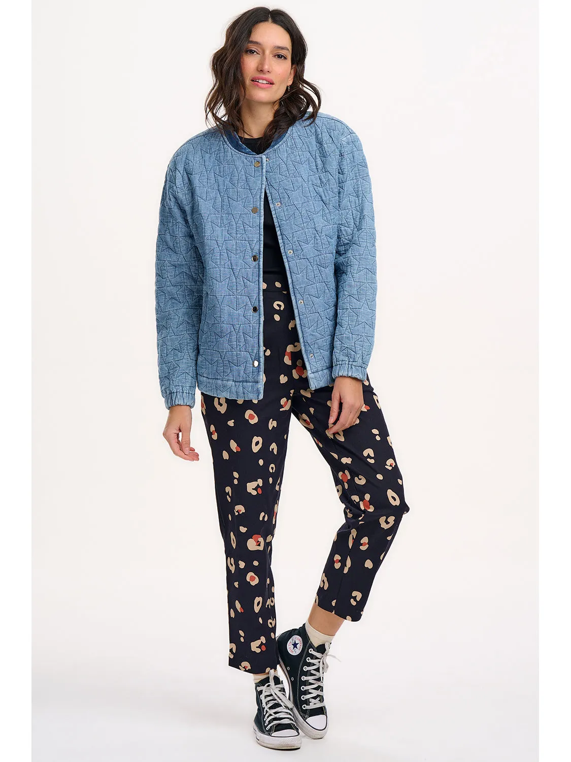Kinga Lt Blue Denim Quilted Bomber Jacket