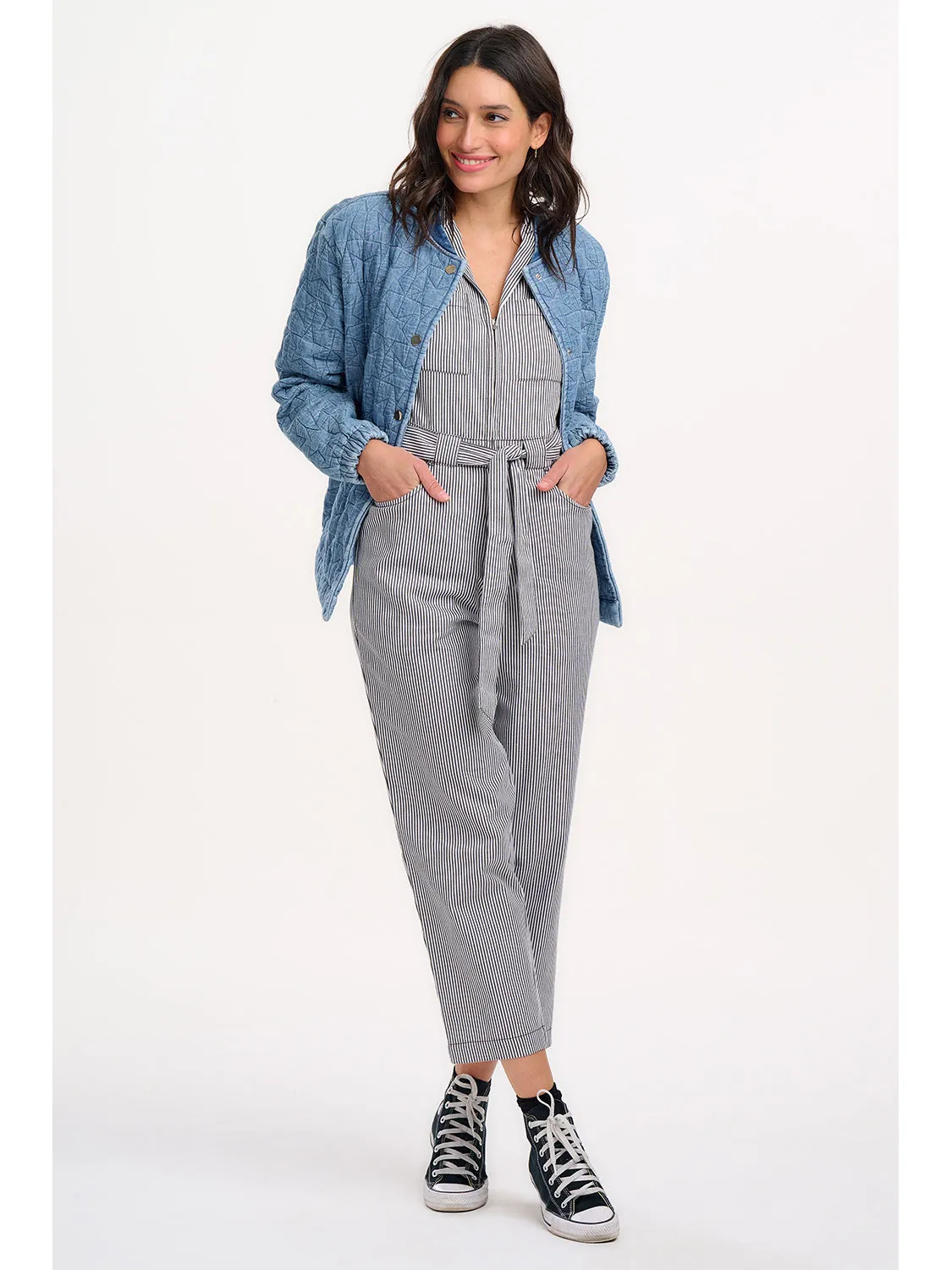 Kinga Lt Blue Denim Quilted Bomber Jacket