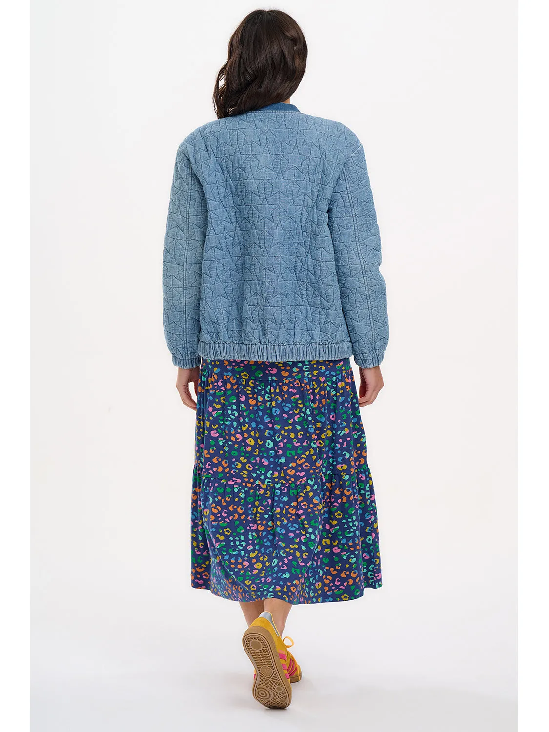 Kinga Lt Blue Denim Quilted Bomber Jacket